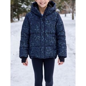 All in Motion Navy Floral Winter Puffer Jacket with Hood Girls Youth Size Large